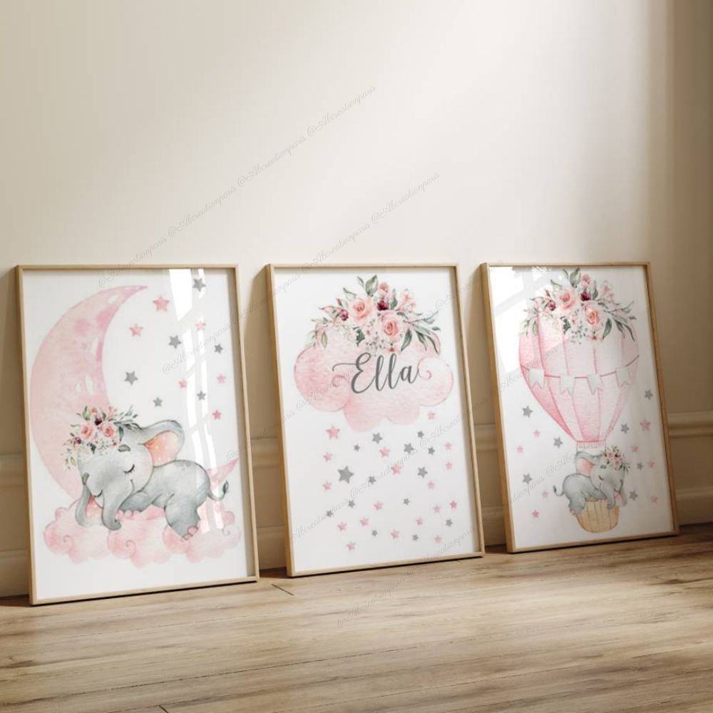 Cadeau de naissance personnalisé pour fille. Éléphant sur une lune rose