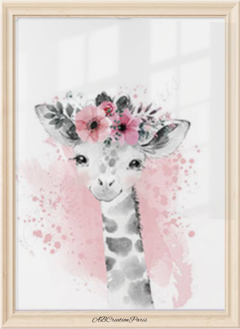 affiche girafe couronne de fleur vieux rose