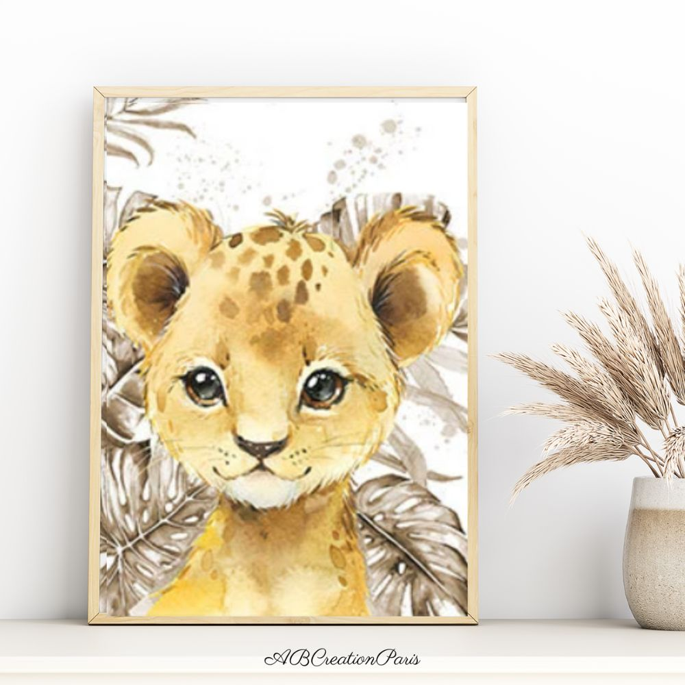 Décoration Chambre Bébé Et Enfant Savane - Affiches Avec Prénom Personnalisé, Animaux et Feuillage Or - Ideal pour Chambre mixte