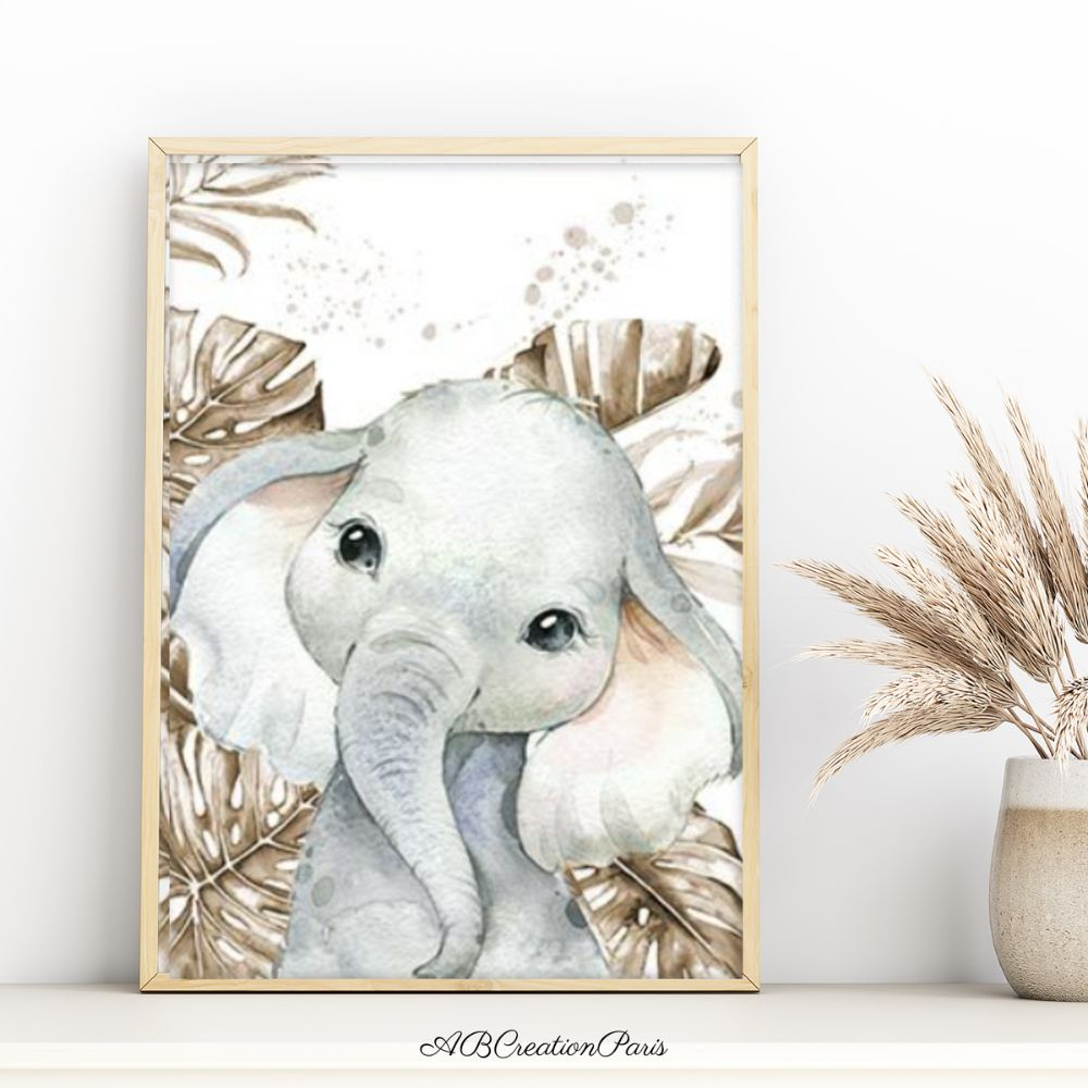 Décoration Chambre Bébé Et Enfant Savane - Affiches Avec Prénom Personnalisé, Animaux et Feuillage Or - Ideal pour Chambre mixte