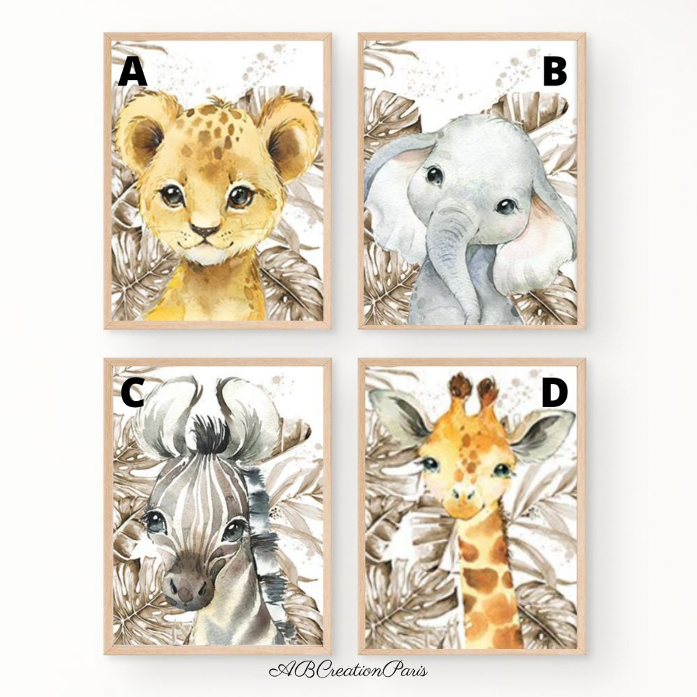 Décoration Chambre Bébé Et Enfant Savane - Affiches Avec Prénom Personnalisé, Animaux et Feuillage Or - Ideal pour Chambre mixte
