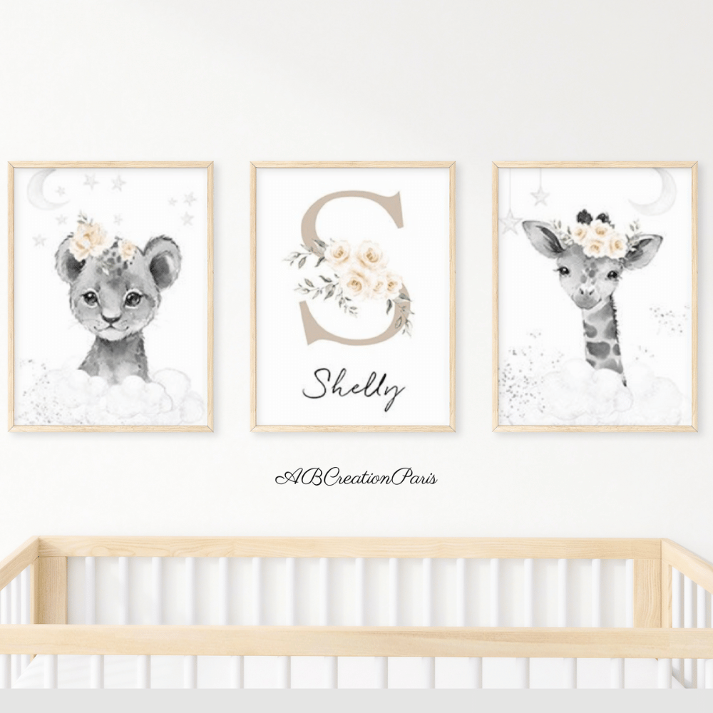 Décoration Chambre Bébé Et Enfant Nuage - Affiches Avec Prénom Personnalisé, Animaux et Nuage - Ideal pour Chambre mixte
