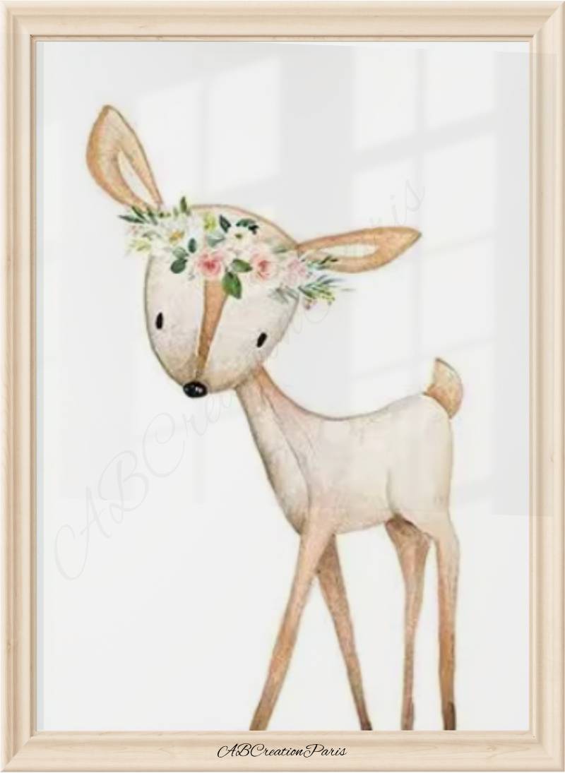 affiche d'une petite biche avec une couronne de fleur