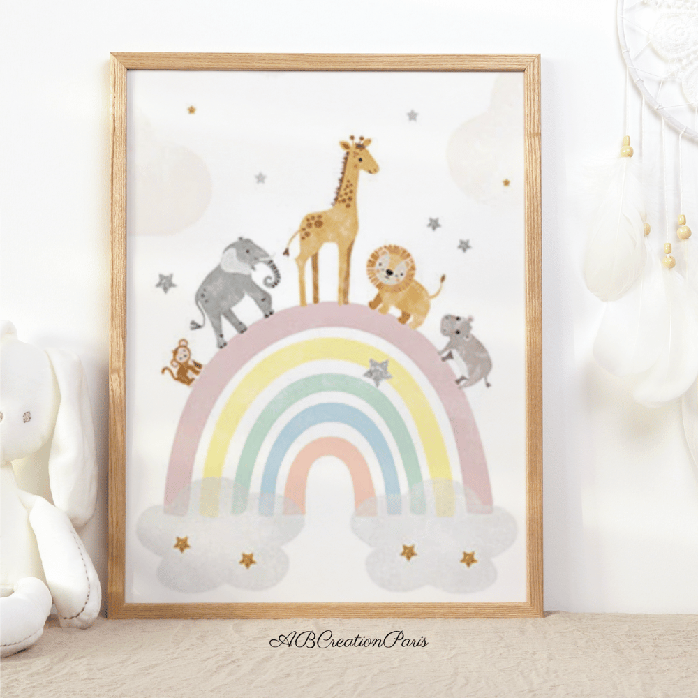 affiche avec un arc en ciel colorée et des animaux