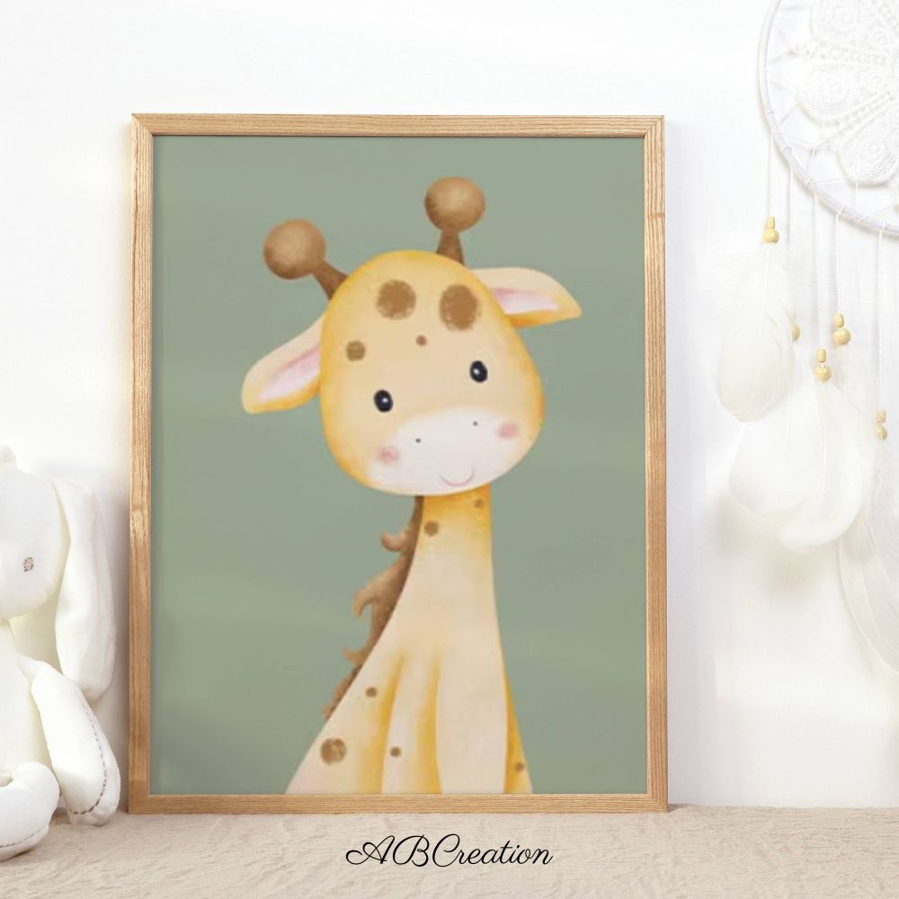 Affiche bébé girafe et arrière plan vert. Chambre bébé verte