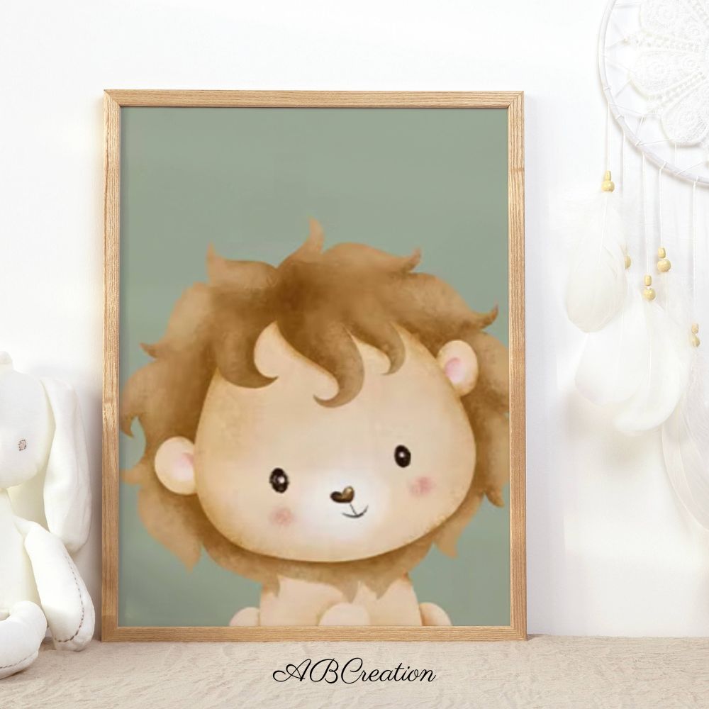 Affiche lion chambre bébé . L’arrière plan est vert