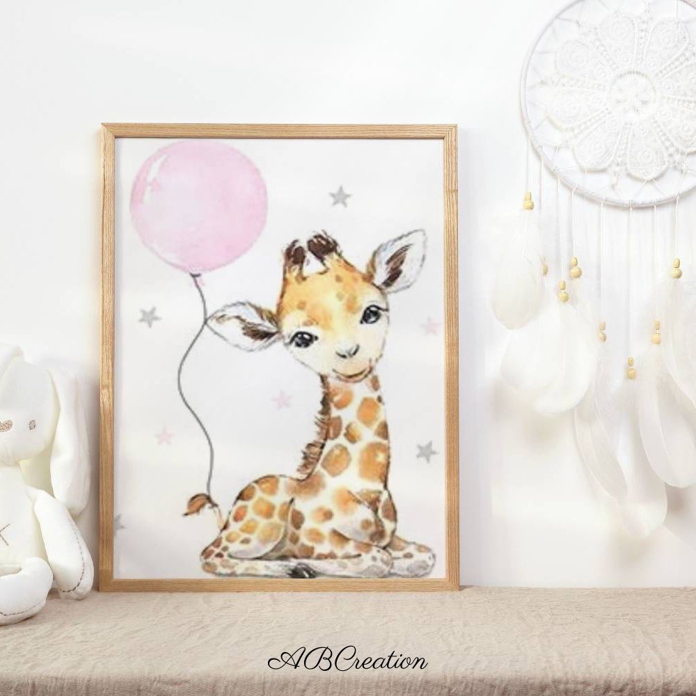 Affiche girafe et ballon rose a encadrer