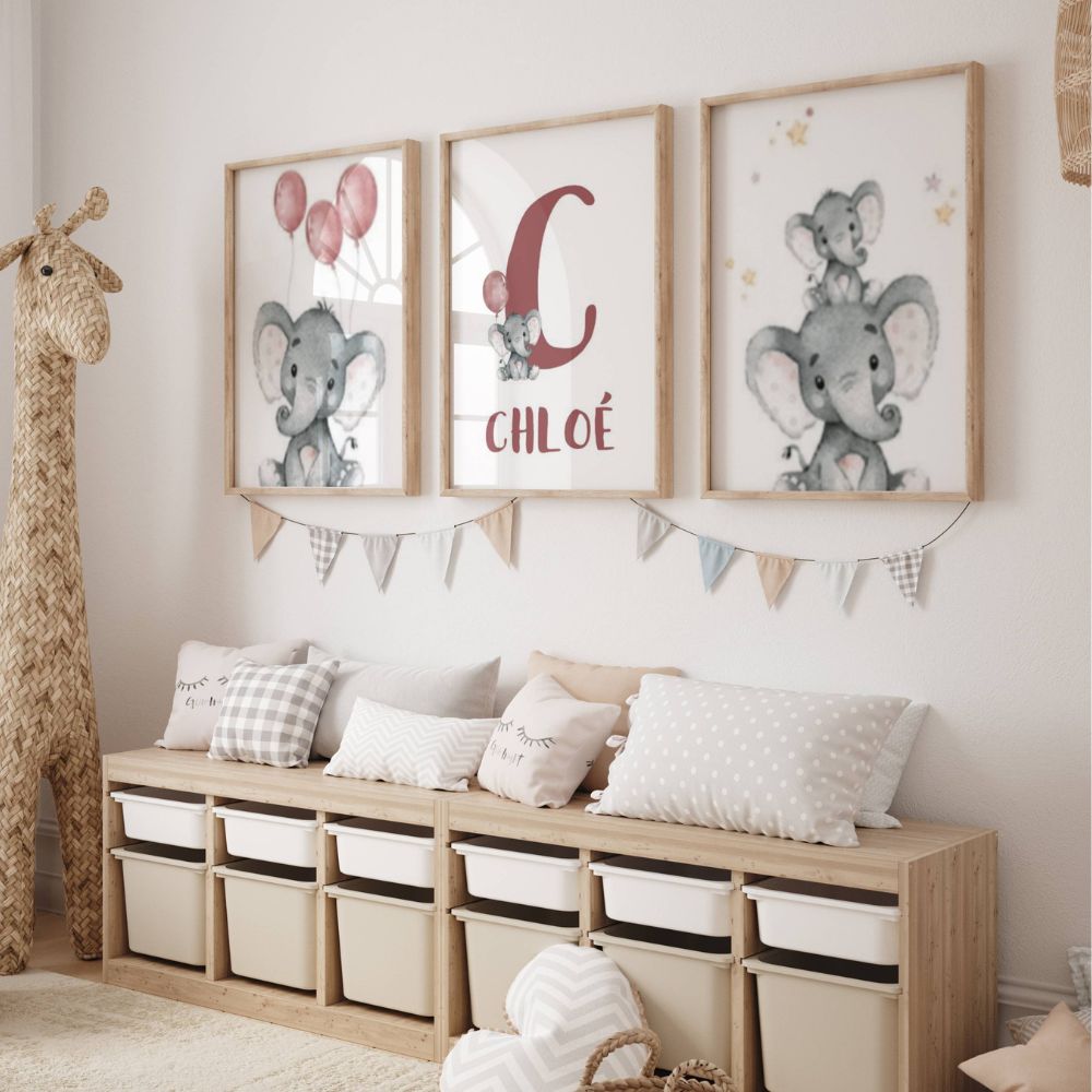 Affiche chambre bébé avec illustration éléphant et prénom personnalisé