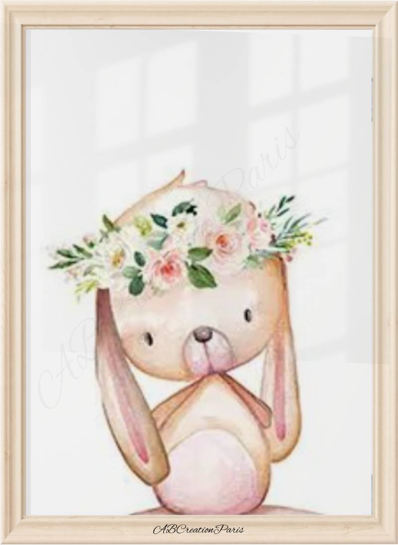 affiche lapin poser sur une étagère dans la chambre d'un bébé