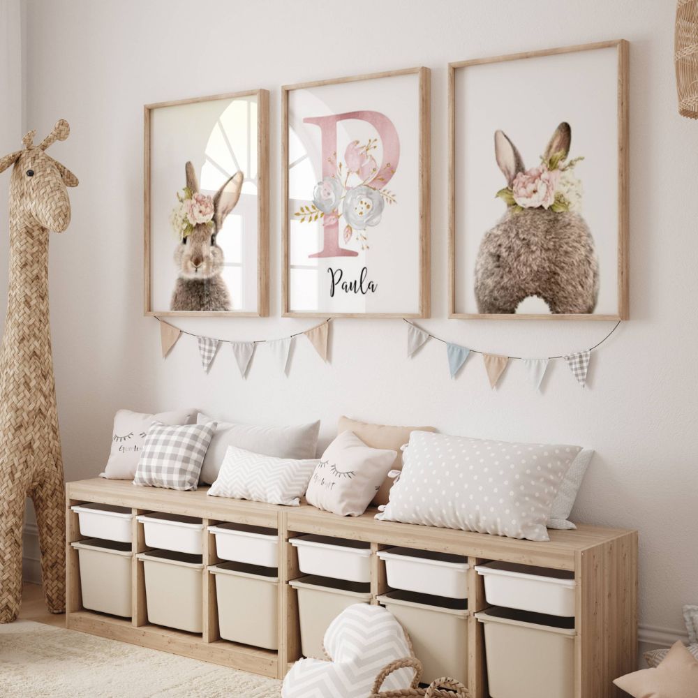 lot de 3 affiches avec lapin et prenom personnalisé