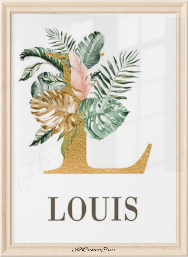 Décoration Savane pour Chambre Bébé Et Enfant- Affiches Avec Prénom Personnalisé et Initiale Or, Animaux et Feuillage - Ideal pour Chambre mixte
