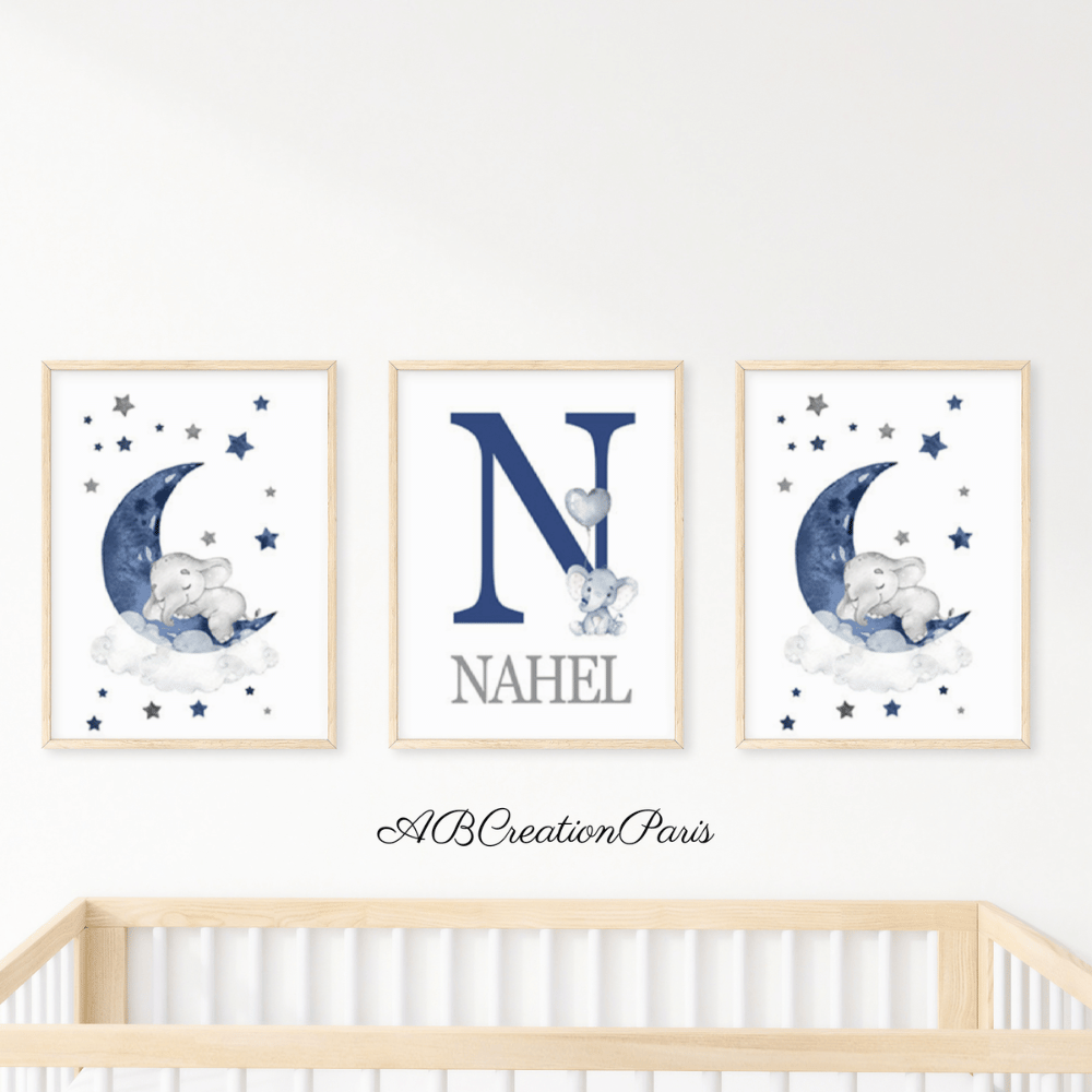 Décoration Chambre Bebe Garçon Set 3 Affiches Éléphants Bleu et Prénom Personnalisée