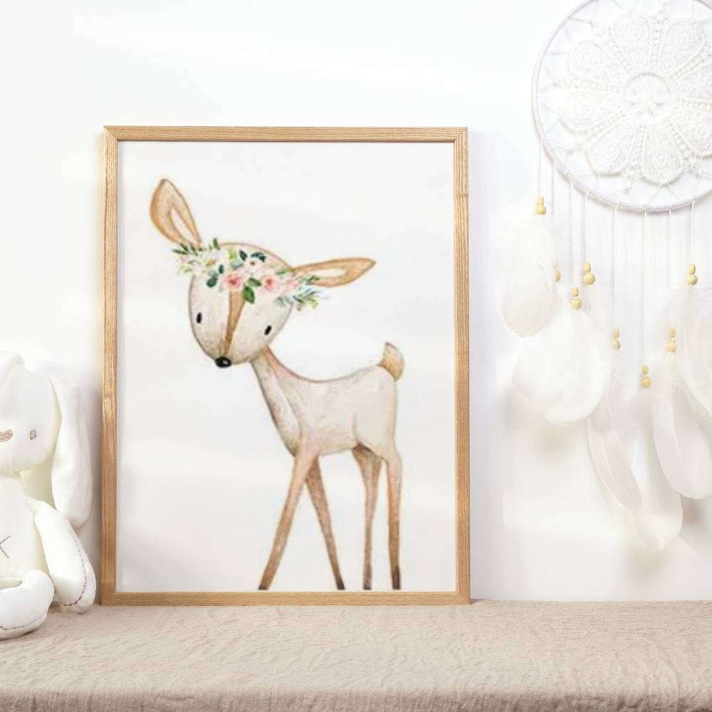 Affiche biche et couronne de fleur. Déco bébé fille