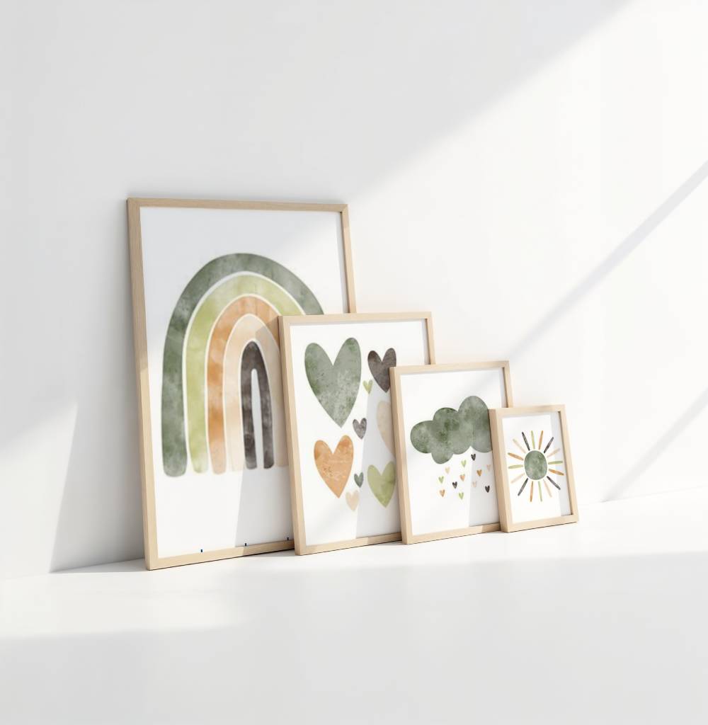 Illustration terracotta vert émeraude. affiche arc en ciel ou soleil. Affiche cœur pour chambre enfant