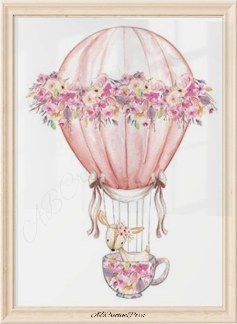 Décoration murale chambre bébé fille – affiche biche montgolfière rose avec fleurs