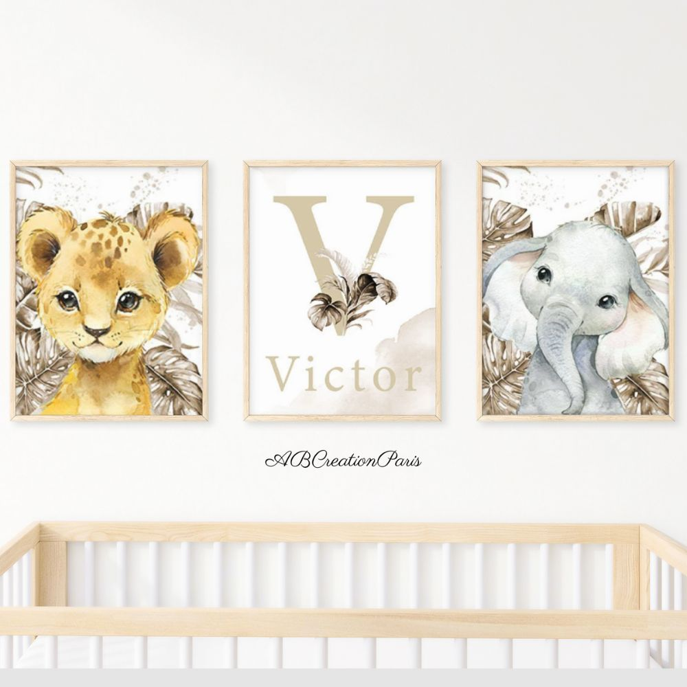 Décoration Chambre Bébé Et Enfant Savane - Affiches Avec Prénom Personnalisé, Animaux et Feuillage Or - Ideal pour Chambre mixte
