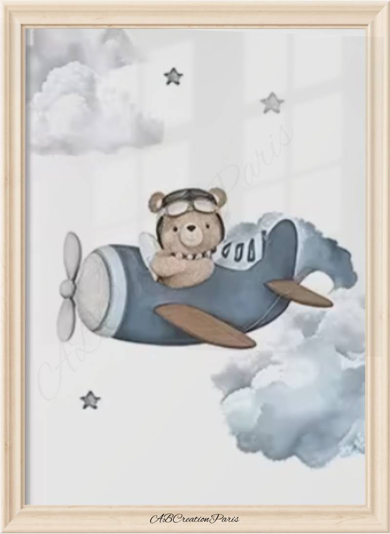 affiche ourson dans un hélicoptère coloris bleu gris