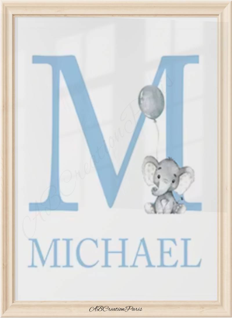 poster personnalisé thème elephant et coloris bleu ciel pour bebe garcon