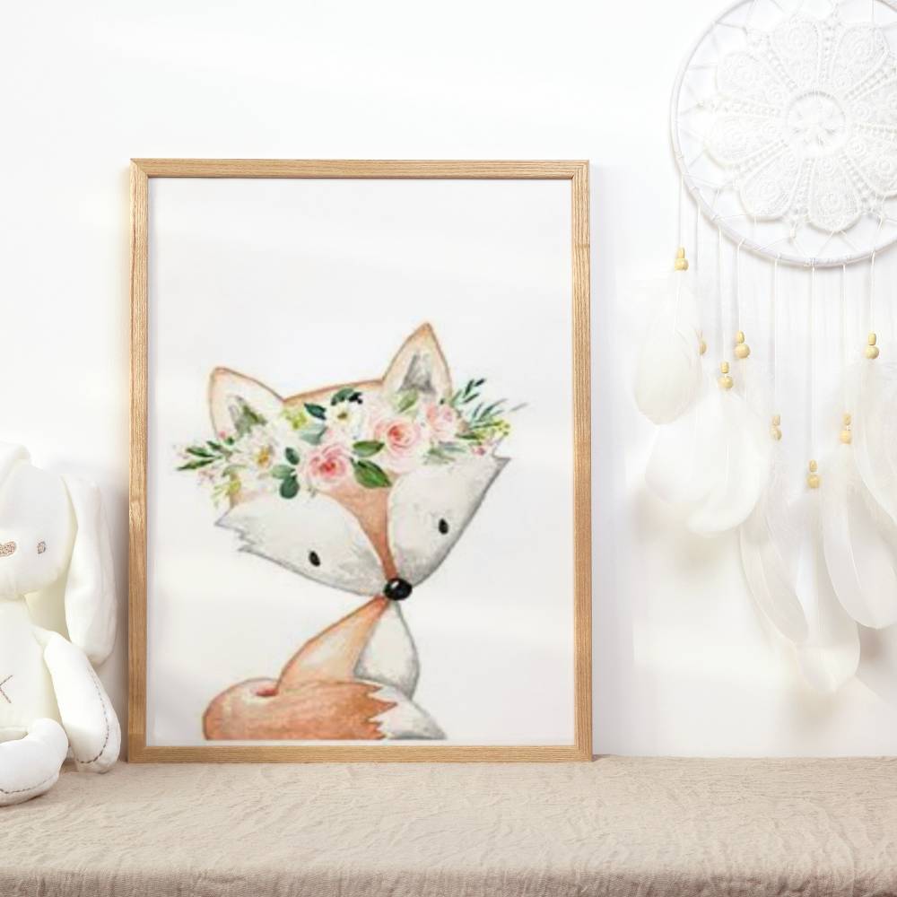 Affiche renard avec couronne de fleur pour chambre bébé fille