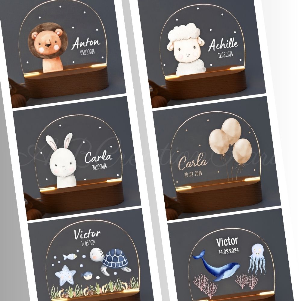 differntes veilleuses personnalisées avec prenom et date de naissance