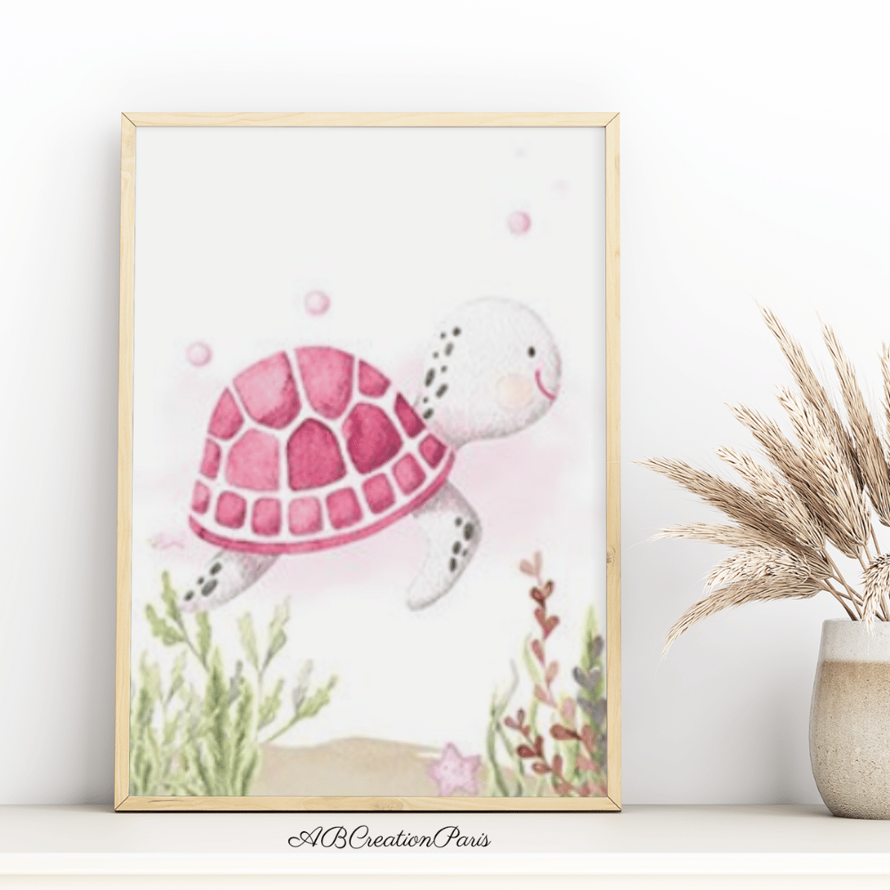 affiche theme marin tortue rose