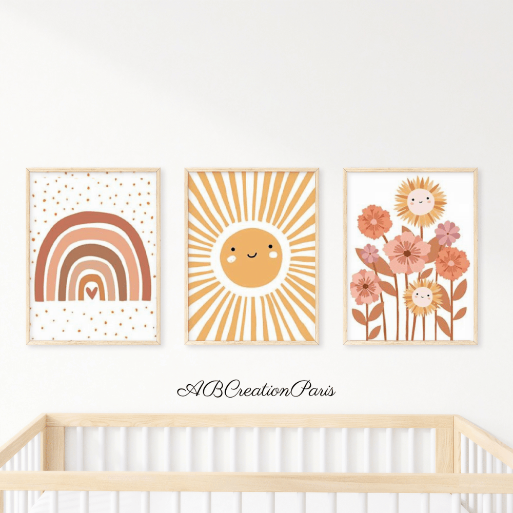 Set 3 affiches Style Boho Décoration Chambre Enfant Affiche de Naissance Arc-en-ciel Terracotta - Arc-en-Ciel Soleil Nuage et Fleurs