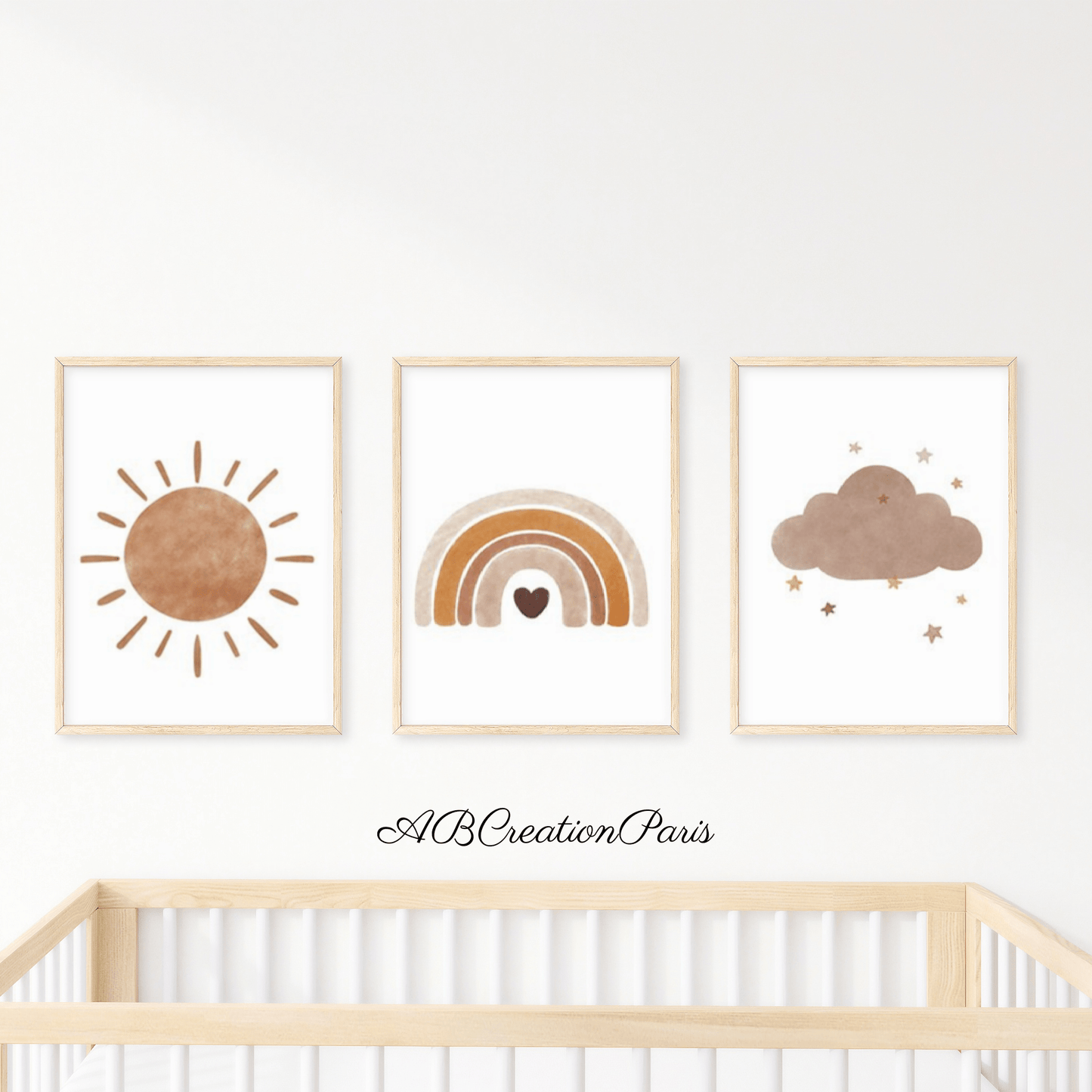 3 affiches terracotta, soleil, arc en ciel et nuage