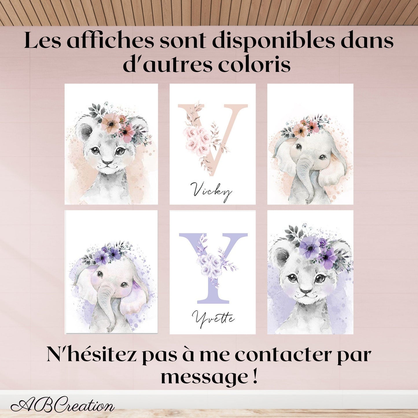 Affiche animaux de la jungle en différent coloris. Pour bébé fille ou bébé garçon