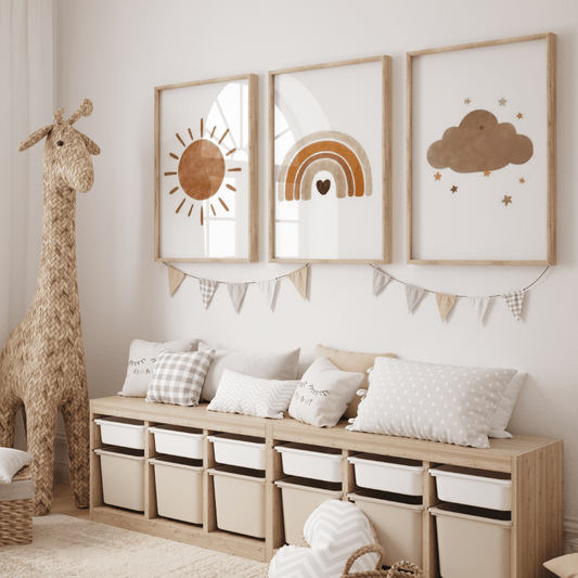 3 affiches chambre enfant terracotta - Soleil, nuage et arc en ciel 