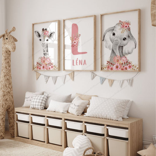 set 3 affiches fleurs rose déco chambre fille