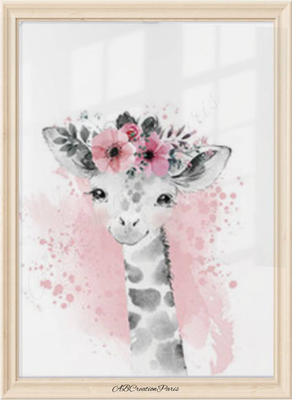 affiche girafe couronne de fleur vieux rose