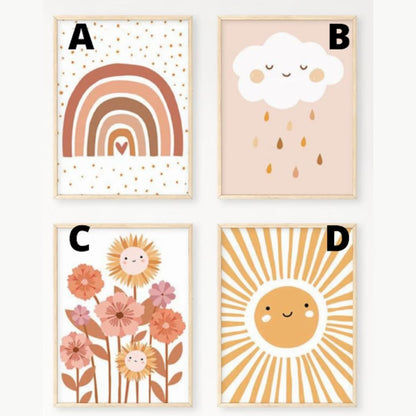 illustration des 4 choix d'affiche soleil, arc-en-ciel, nuage, fleurs 