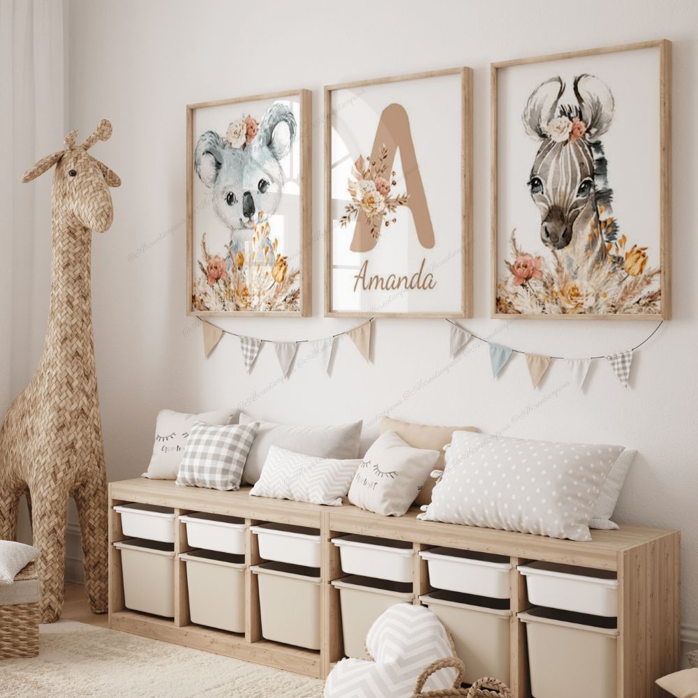 affiche chambre fille animaux beige