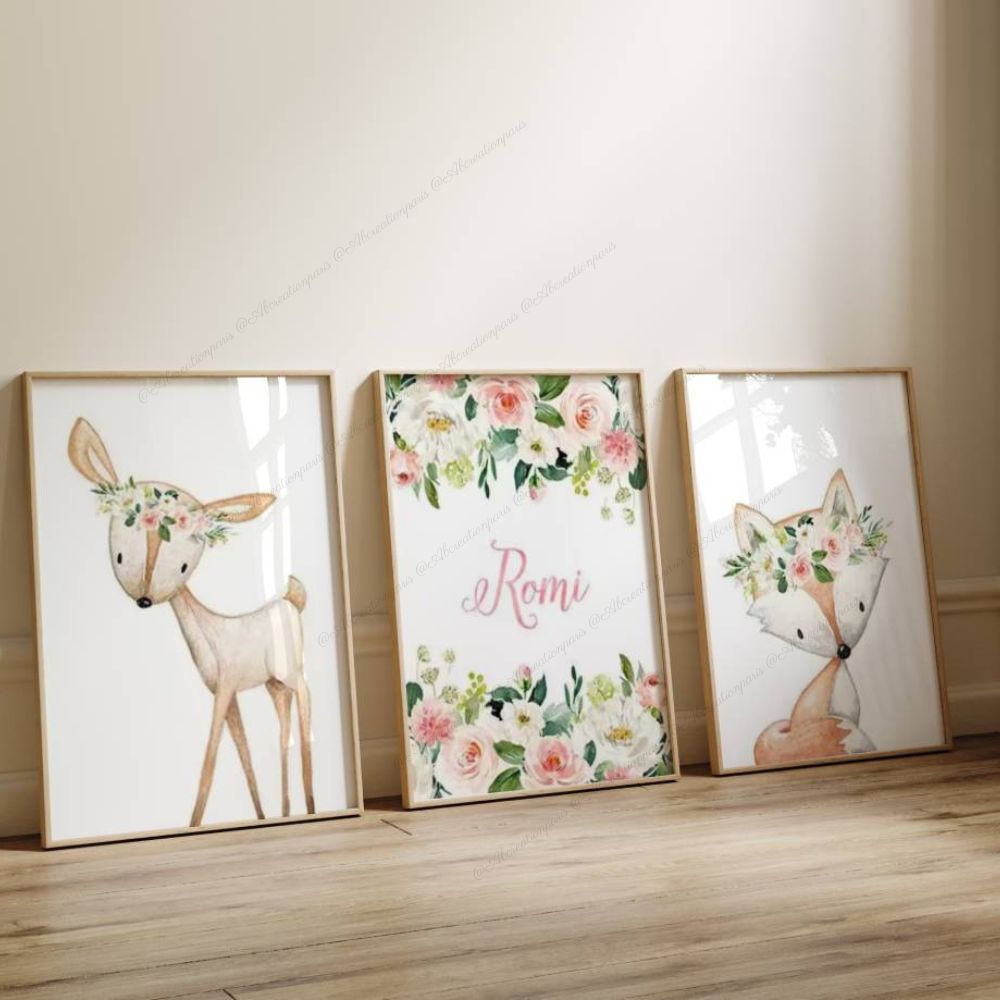 Affiche animaux de la foret et prénom pour chambre bébé fille 