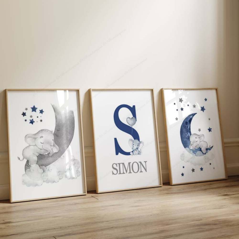 Décoration Éléphant chambre bébé garçon. Affiche initiale et prénom personnalisé