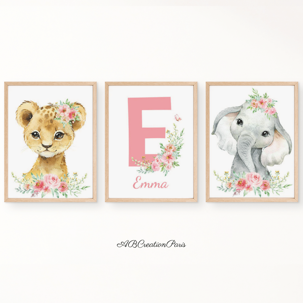 trio d'affiche chambre bebe fille personnalisee theme animaux