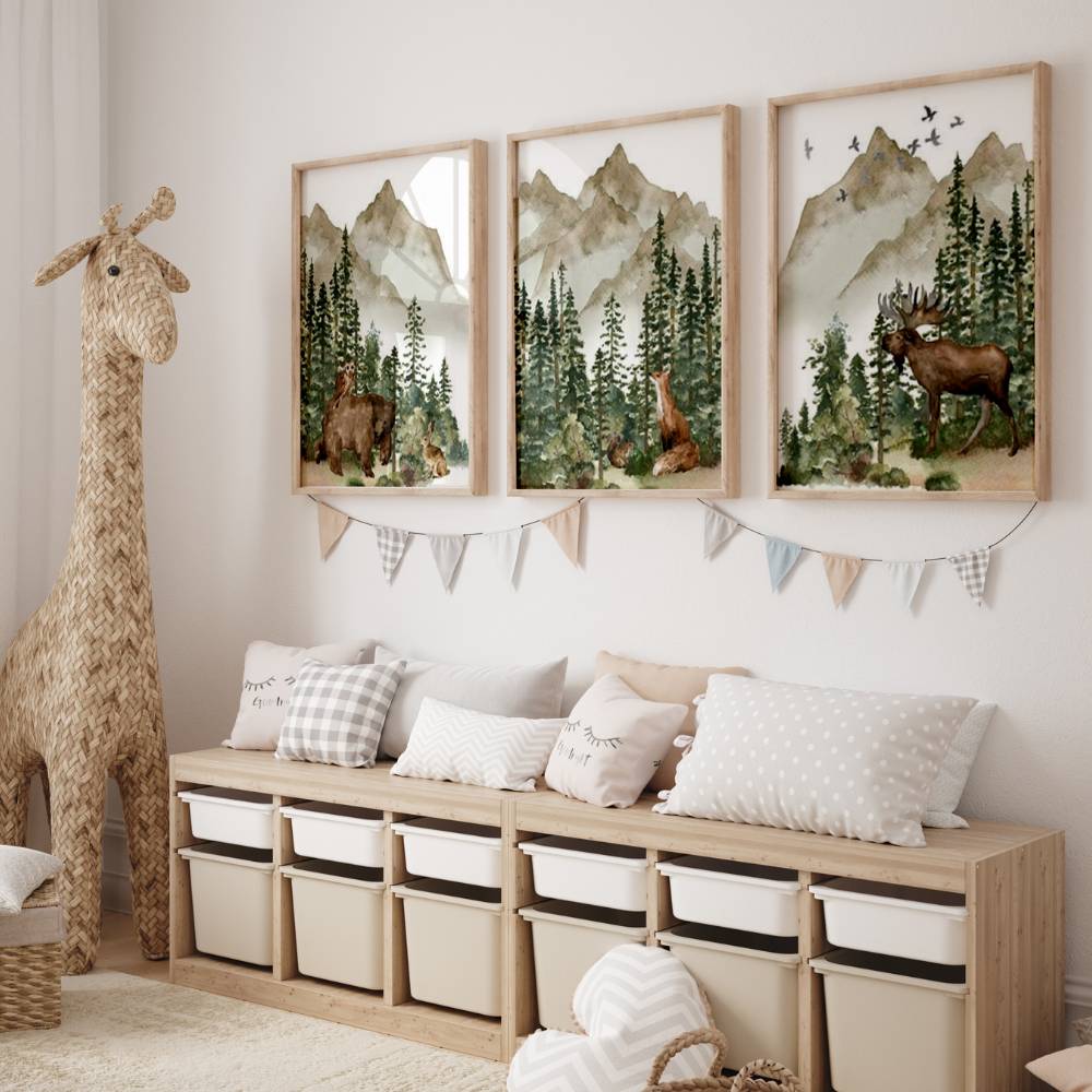 set de 3 affiche représentant une foret et ses animaux tel que l'ours, le renard et le cerf