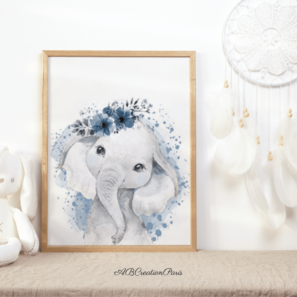 affiche elephant avec une couonne de fleur bleu et un fond aquarelle bleu