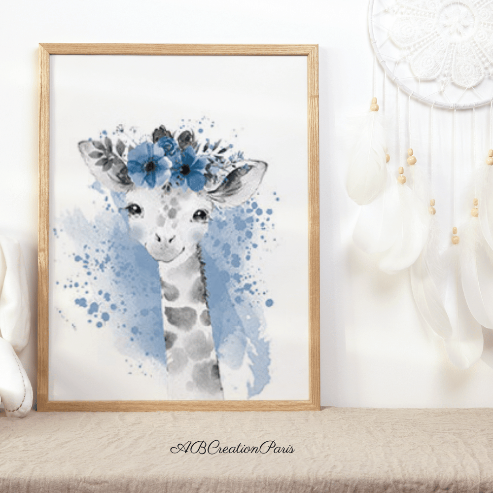affiche zebre avec une couronne de fleur bleu et un fond aquarelle bleu