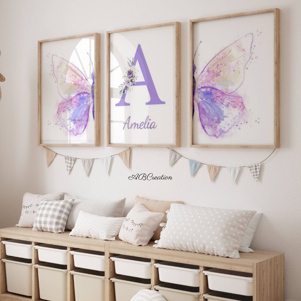 Ensemble d’affiches papillon violet pour chambre bébé thème papillon