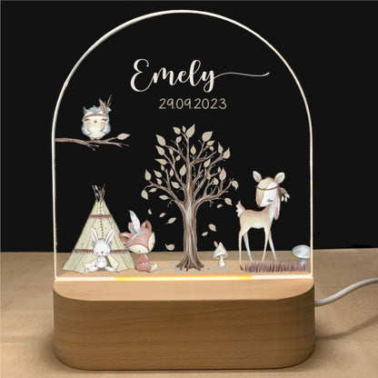 veilleuse animaux de la foret avec prénom et date de naissance