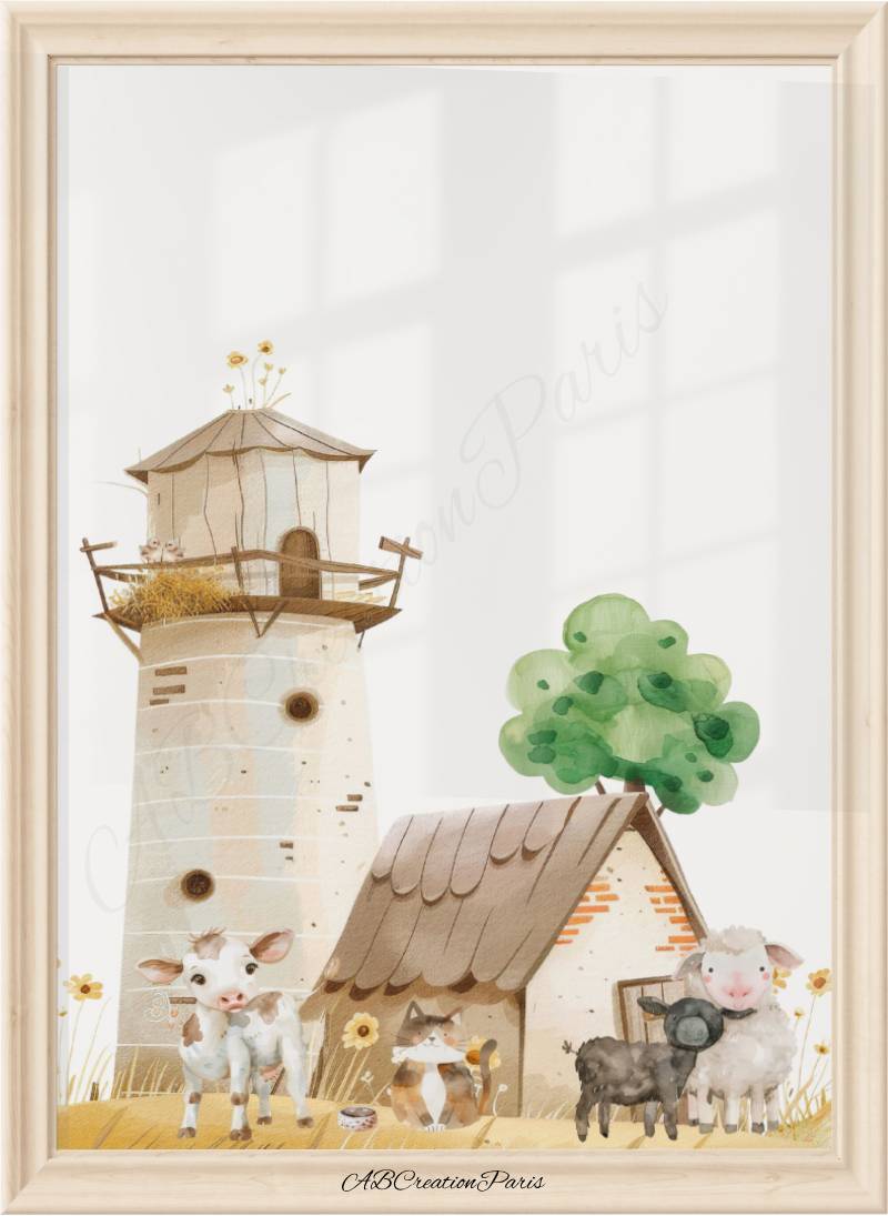 illustration aquarelle maison ferme pour chambre enfant