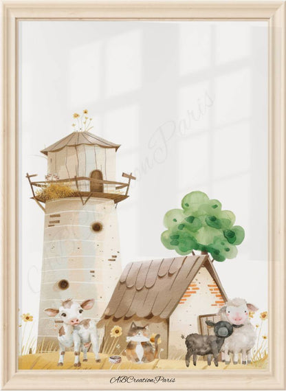 illustration aquarelle maison ferme pour chambre enfant