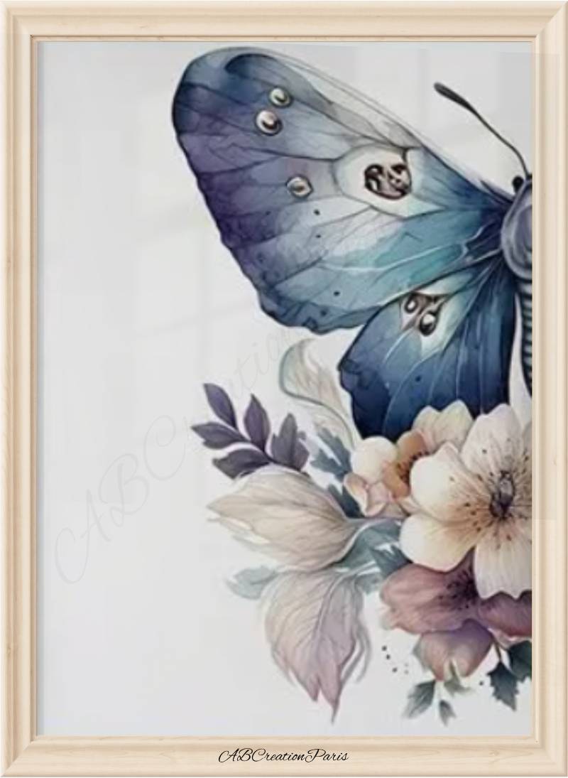 affiche d'une aile de papillon bleu sur parterre de fleur 