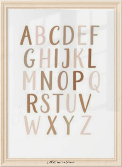 poster éducatif chambre enfant ou salle de jeux avec alphabet coloris pastel