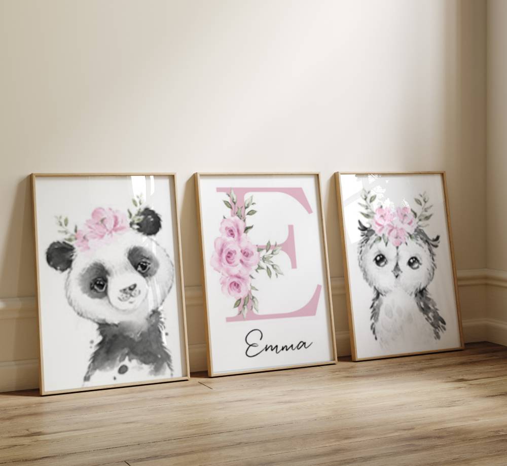 trio d'affiche animaux de la jungle avec panda, chouette et prénom personnalisé
