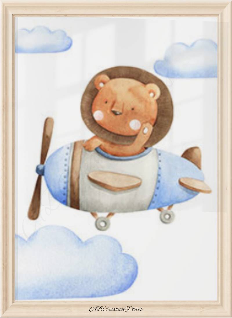 affiche lion dans un avion avec nuage pour chambre bebe garcon