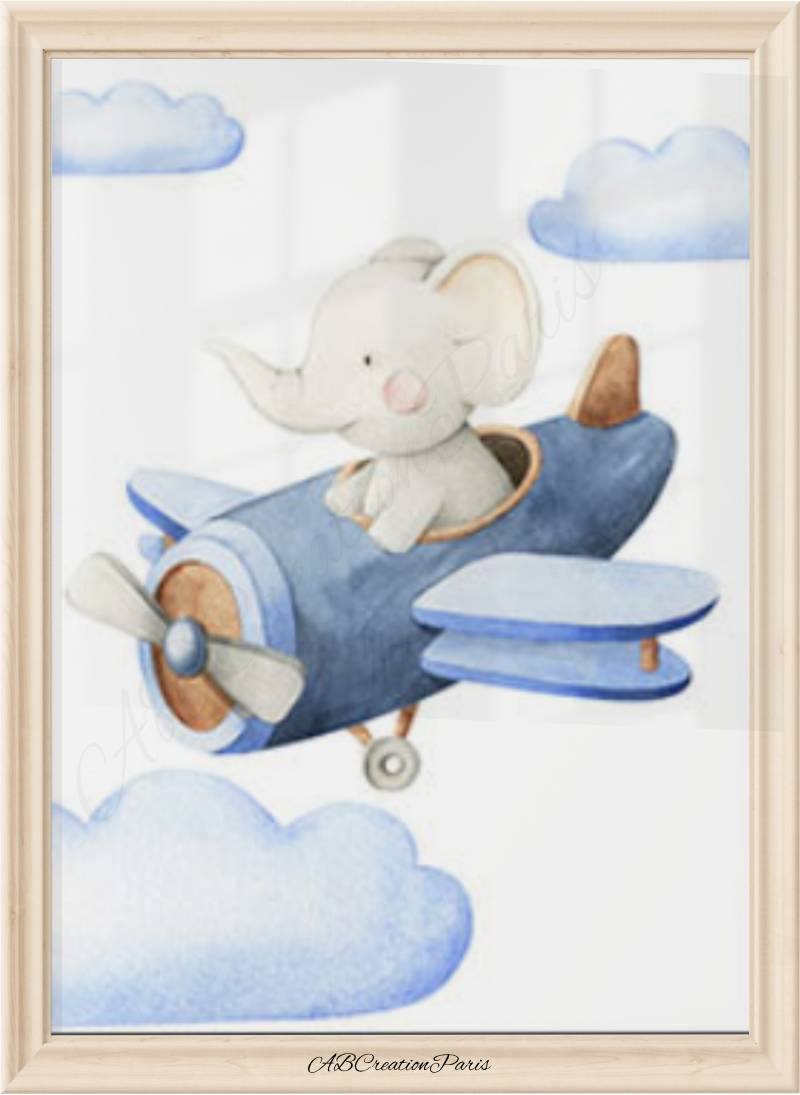 affiche avion avec une bebe elephant pour bébé garcon