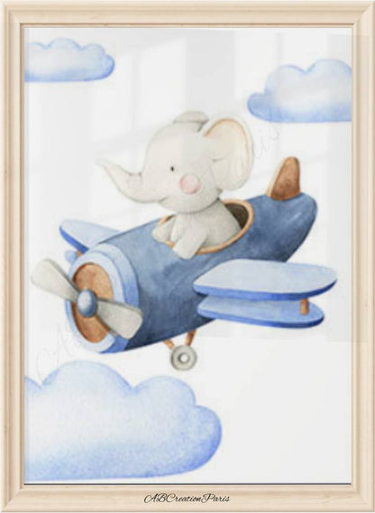 affiche avion avec une bebe elephant pour bébé garcon