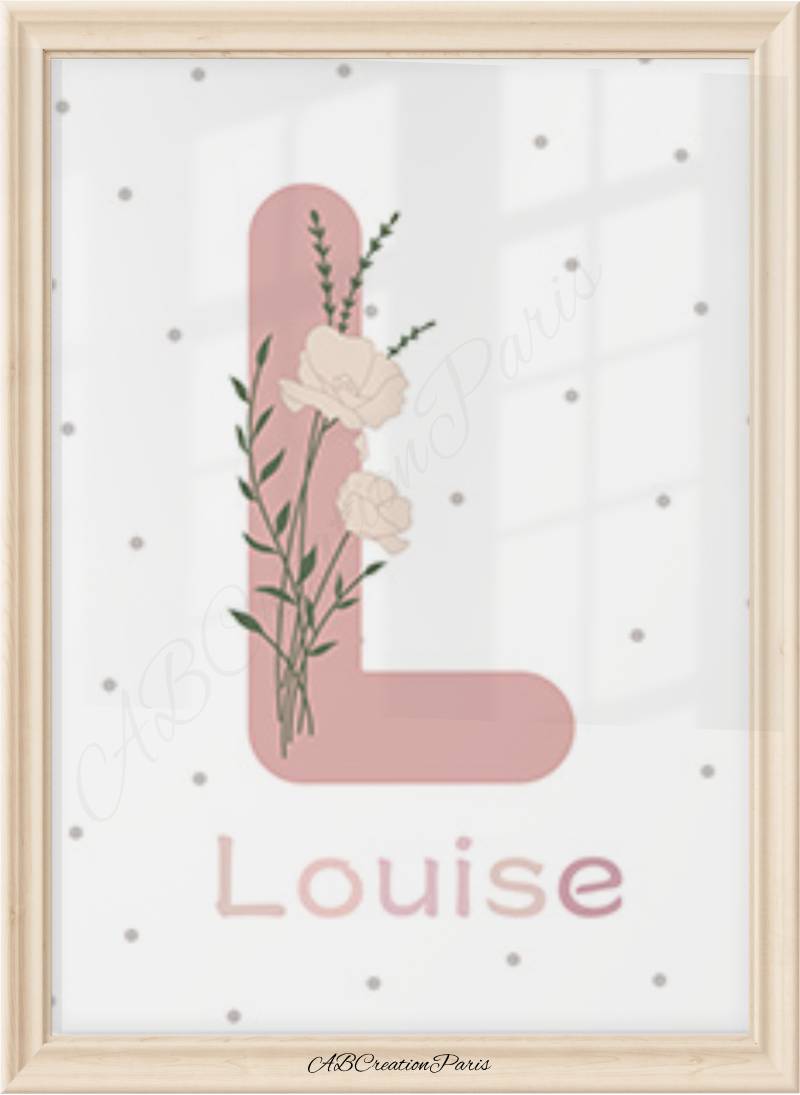 affiche avec l'initiale et le prénom coloris vieux rose